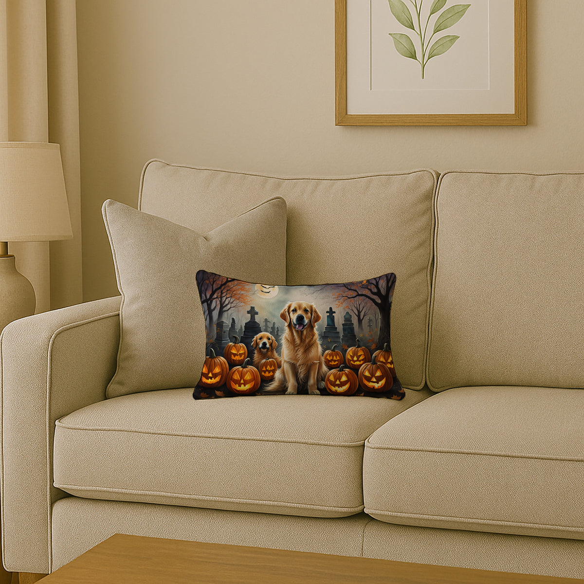 Caroline's Treasures DAC2041PW1216 Golden Retriever Spooky Halloween Fabric Decorative Pillow Machine Washable, Indoor Outdoor Decorative Pillow for Couch, Bed or Patio, 12HX16W
