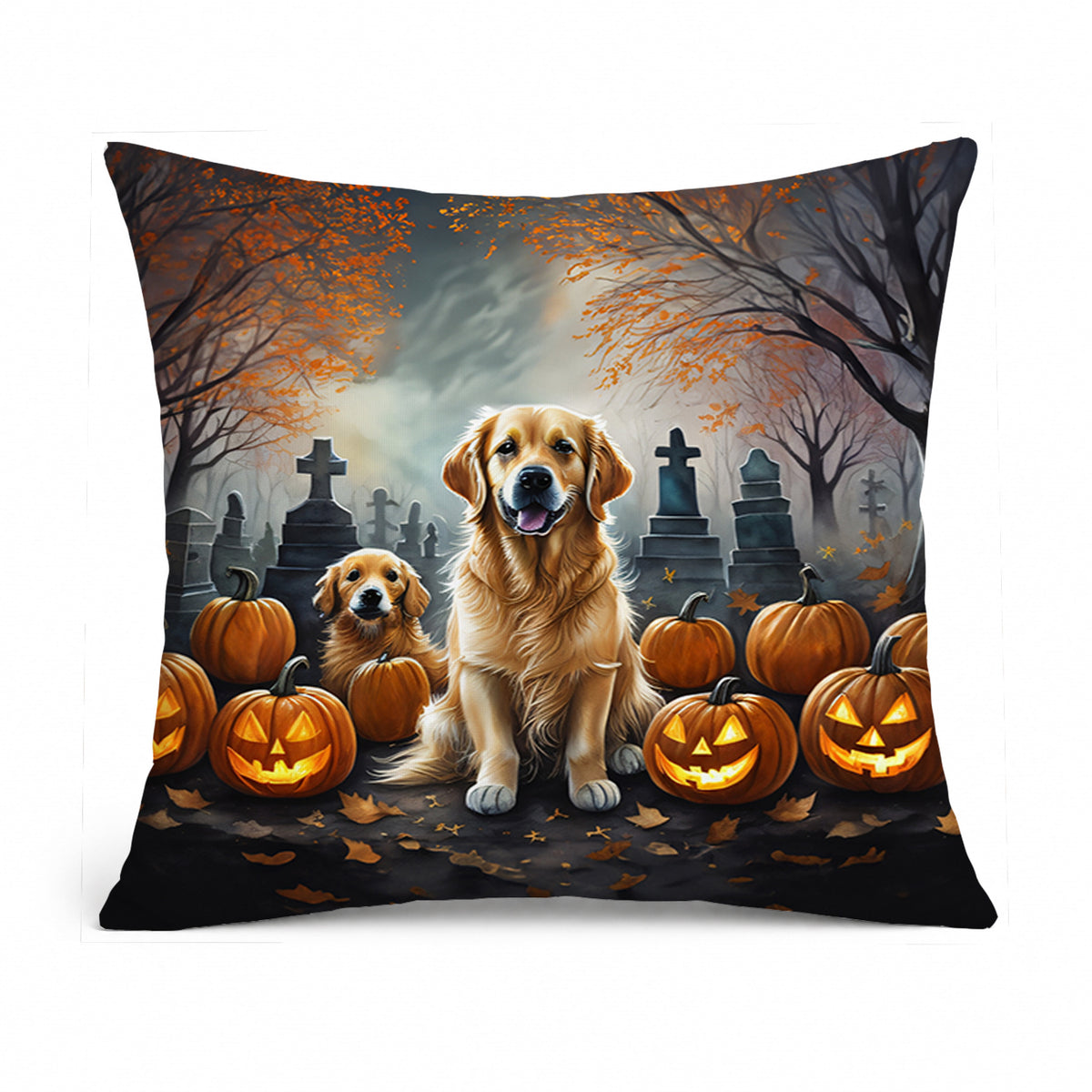 Caroline's Treasures DAC2041PW1414 Golden Retriever Spooky Halloween Fabric Decorative Pillow Machine Washable, Indoor Outdoor Decorative Pillow for Couch, Bed or Patio, 14Hx14W