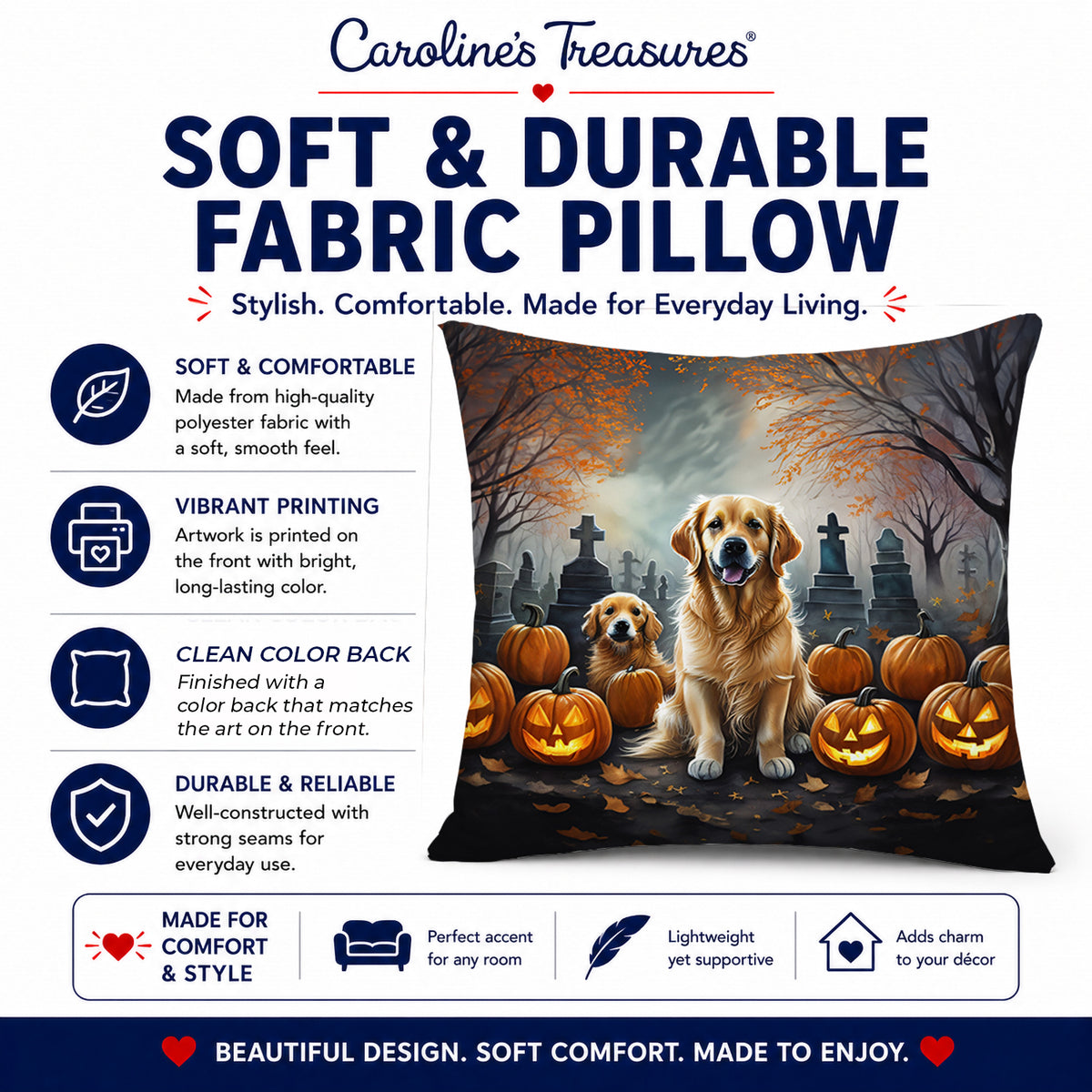 Caroline's Treasures DAC2041PW1414 Golden Retriever Spooky Halloween Fabric Decorative Pillow Machine Washable, Indoor Outdoor Decorative Pillow for Couch, Bed or Patio, 14Hx14W