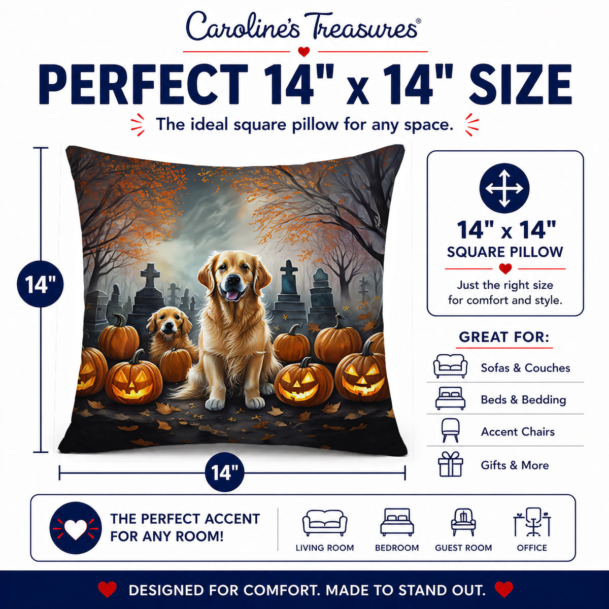 Caroline's Treasures DAC2041PW1414 Golden Retriever Spooky Halloween Fabric Decorative Pillow Machine Washable, Indoor Outdoor Decorative Pillow for Couch, Bed or Patio, 14Hx14W