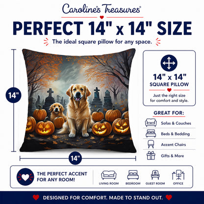 Caroline's Treasures DAC2041PW1414 Golden Retriever Spooky Halloween Fabric Decorative Pillow Machine Washable, Indoor Outdoor Decorative Pillow for Couch, Bed or Patio, 14Hx14W