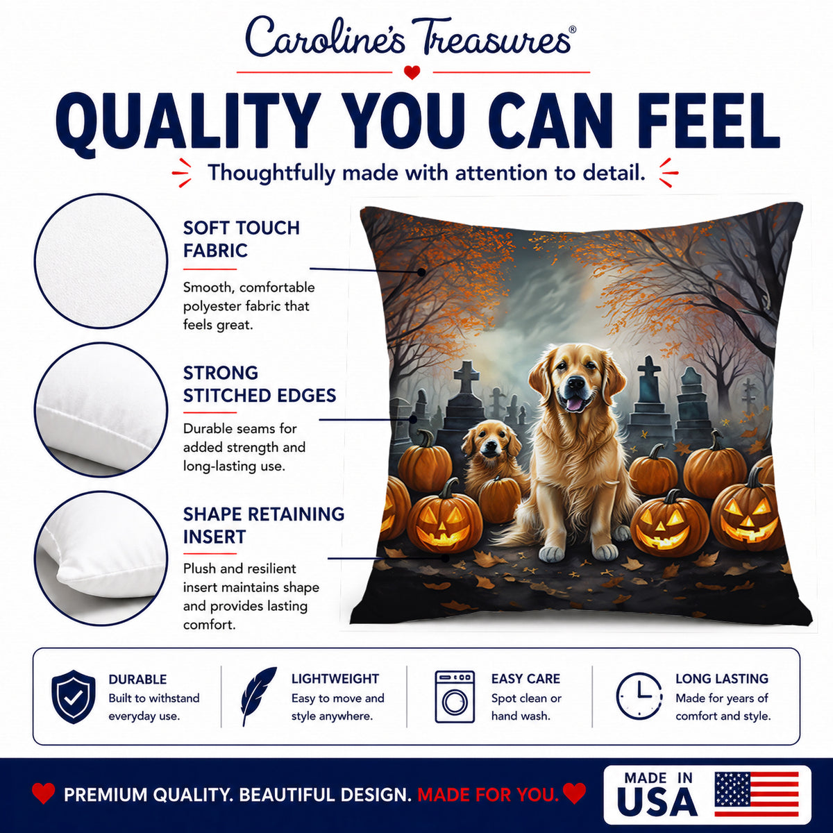 Caroline's Treasures DAC2041PW1414 Golden Retriever Spooky Halloween Fabric Decorative Pillow Machine Washable, Indoor Outdoor Decorative Pillow for Couch, Bed or Patio, 14Hx14W