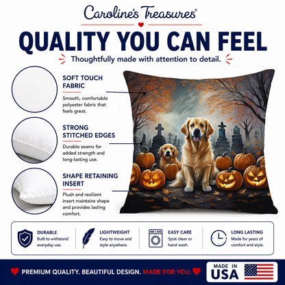 Caroline's Treasures DAC2041PW1414 Golden Retriever Spooky Halloween Fabric Decorative Pillow Machine Washable, Indoor Outdoor Decorative Pillow for Couch, Bed or Patio, 14Hx14W
