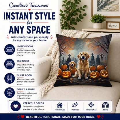 Caroline's Treasures DAC2041PW1414 Golden Retriever Spooky Halloween Fabric Decorative Pillow Machine Washable, Indoor Outdoor Decorative Pillow for Couch, Bed or Patio, 14Hx14W