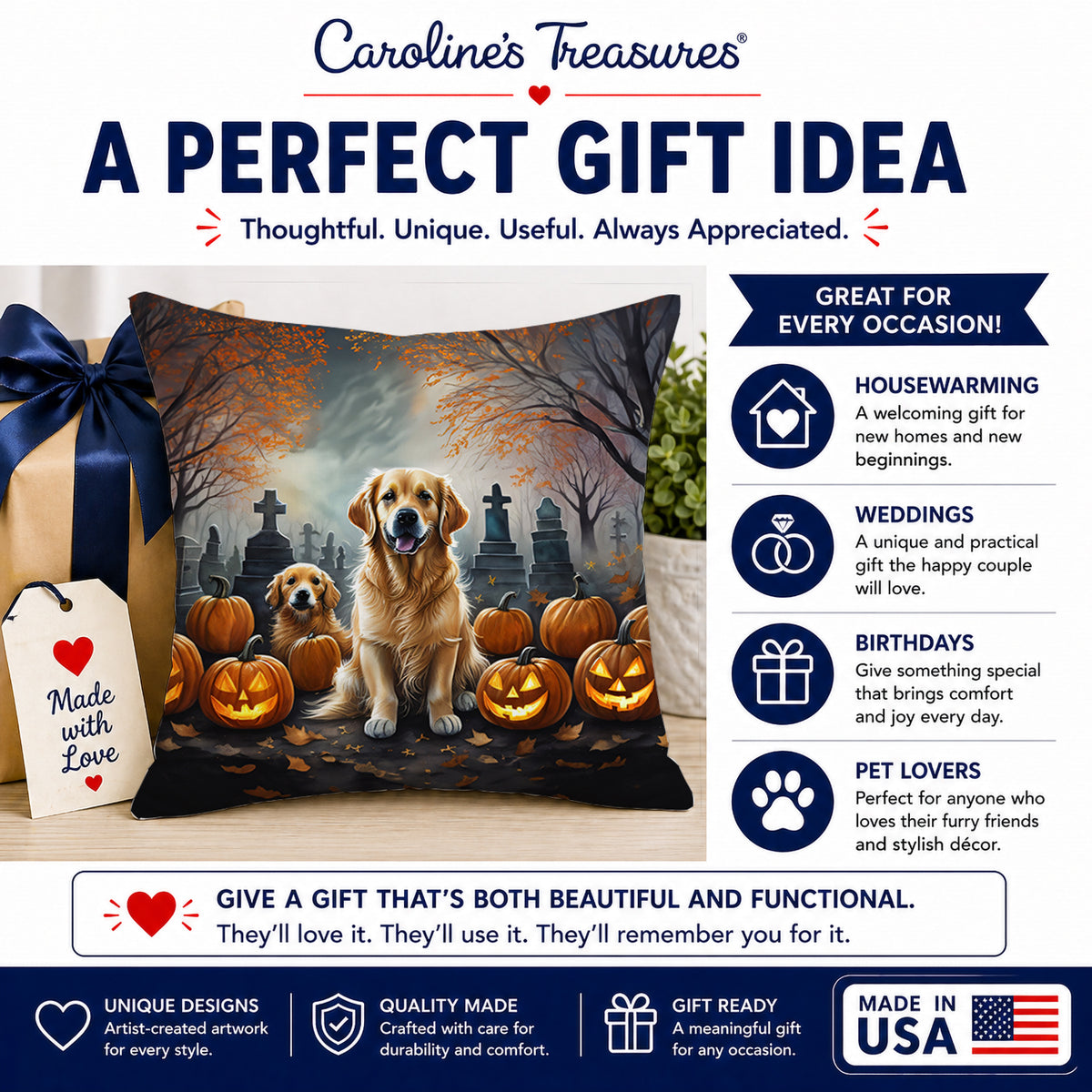 Caroline's Treasures DAC2041PW1414 Golden Retriever Spooky Halloween Fabric Decorative Pillow Machine Washable, Indoor Outdoor Decorative Pillow for Couch, Bed or Patio, 14Hx14W