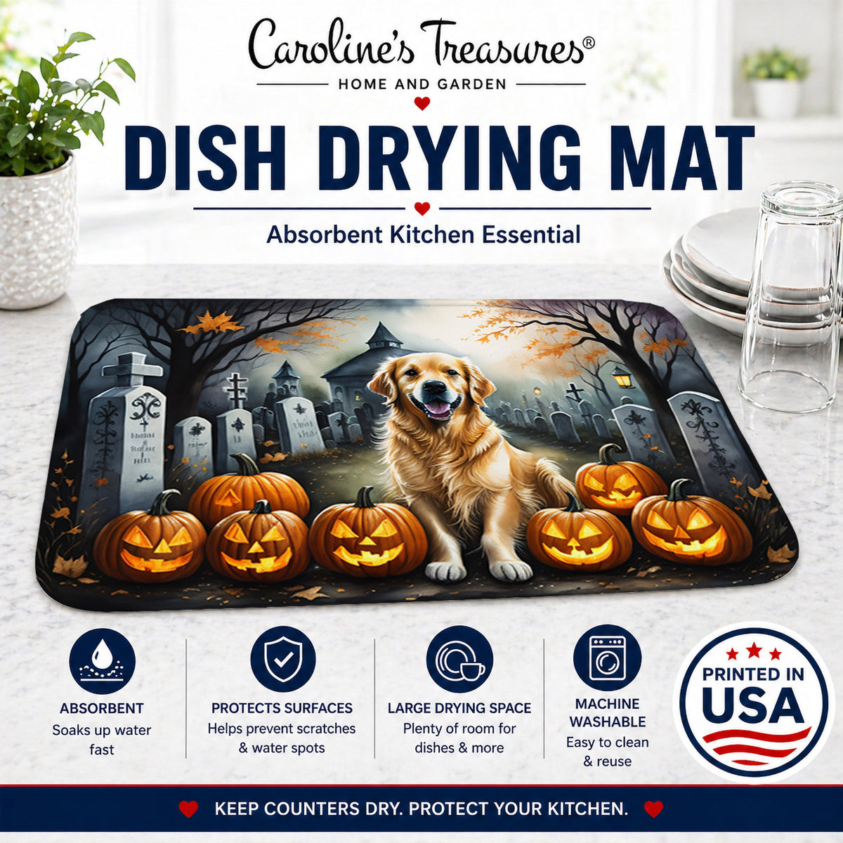 Caroline's Treasures DAC2042DDM Golden Retriever Spooky Halloween Dish Drying Mat Absorbent Dish Drying Mat Pad for Kitchen Counter Dish Drainer Mat for Countertop, 14 x 21, Multicolor