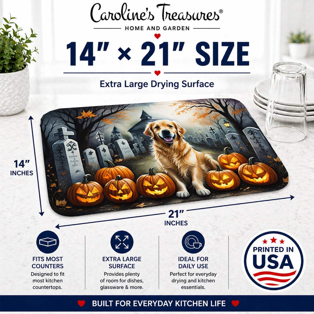 Caroline's Treasures DAC2042DDM Golden Retriever Spooky Halloween Dish Drying Mat Absorbent Dish Drying Mat Pad for Kitchen Counter Dish Drainer Mat for Countertop, 14 x 21, Multicolor