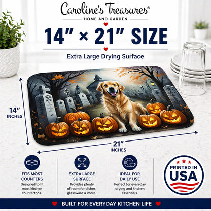 Caroline's Treasures DAC2042DDM Golden Retriever Spooky Halloween Dish Drying Mat Absorbent Dish Drying Mat Pad for Kitchen Counter Dish Drainer Mat for Countertop, 14 x 21, Multicolor