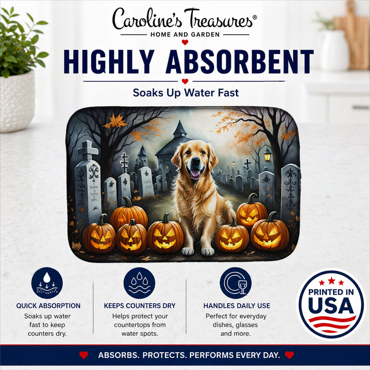 Caroline's Treasures DAC2042DDM Golden Retriever Spooky Halloween Dish Drying Mat Absorbent Dish Drying Mat Pad for Kitchen Counter Dish Drainer Mat for Countertop, 14 x 21, Multicolor