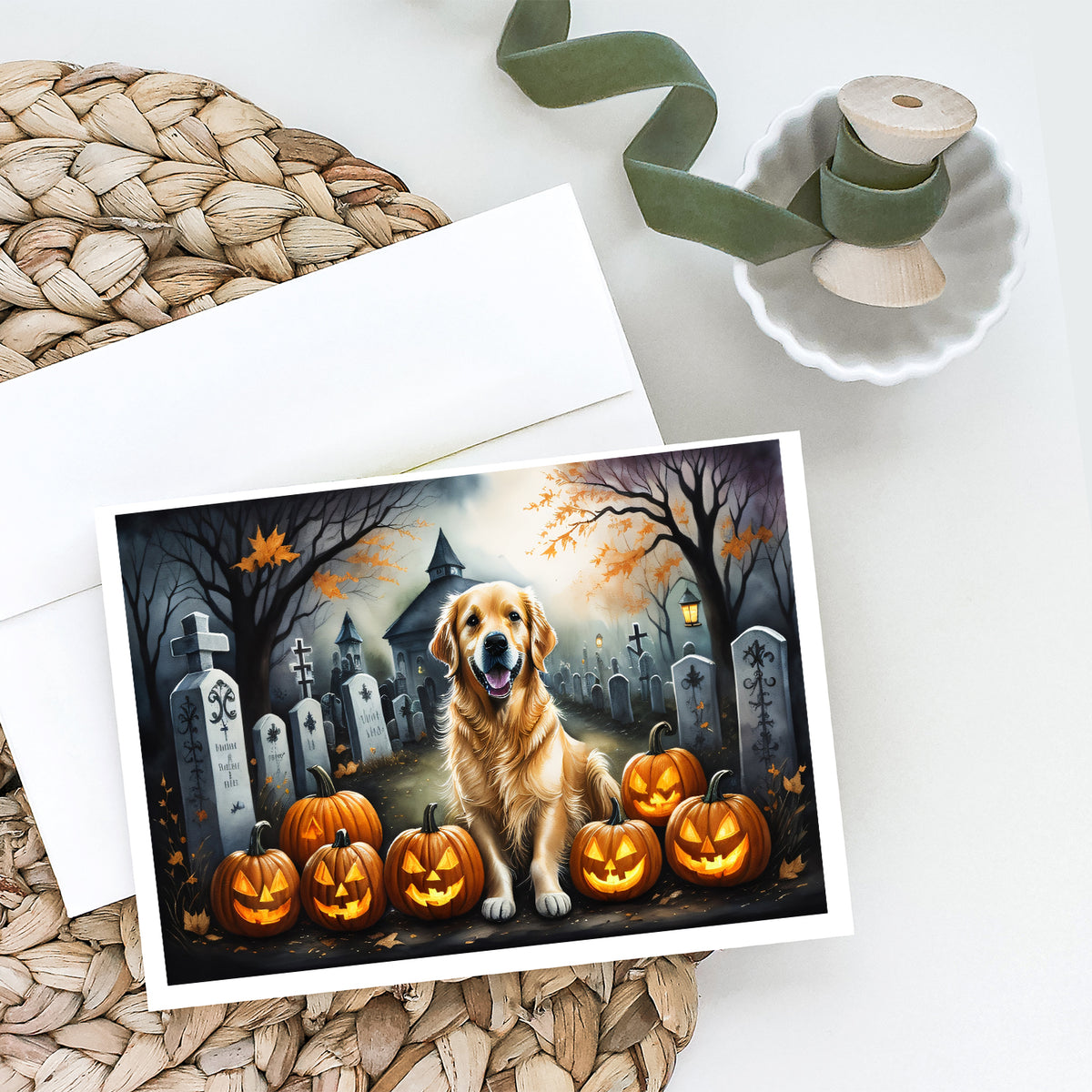 Caroline's Treasures DAC2042GCA7P Golden Retriever Spooky Halloween Greeting Cards and Envelopes Pack of 8 Blank Cards with Envelopes Whimsical A7 Size 5x7 Blank Greeting Cards