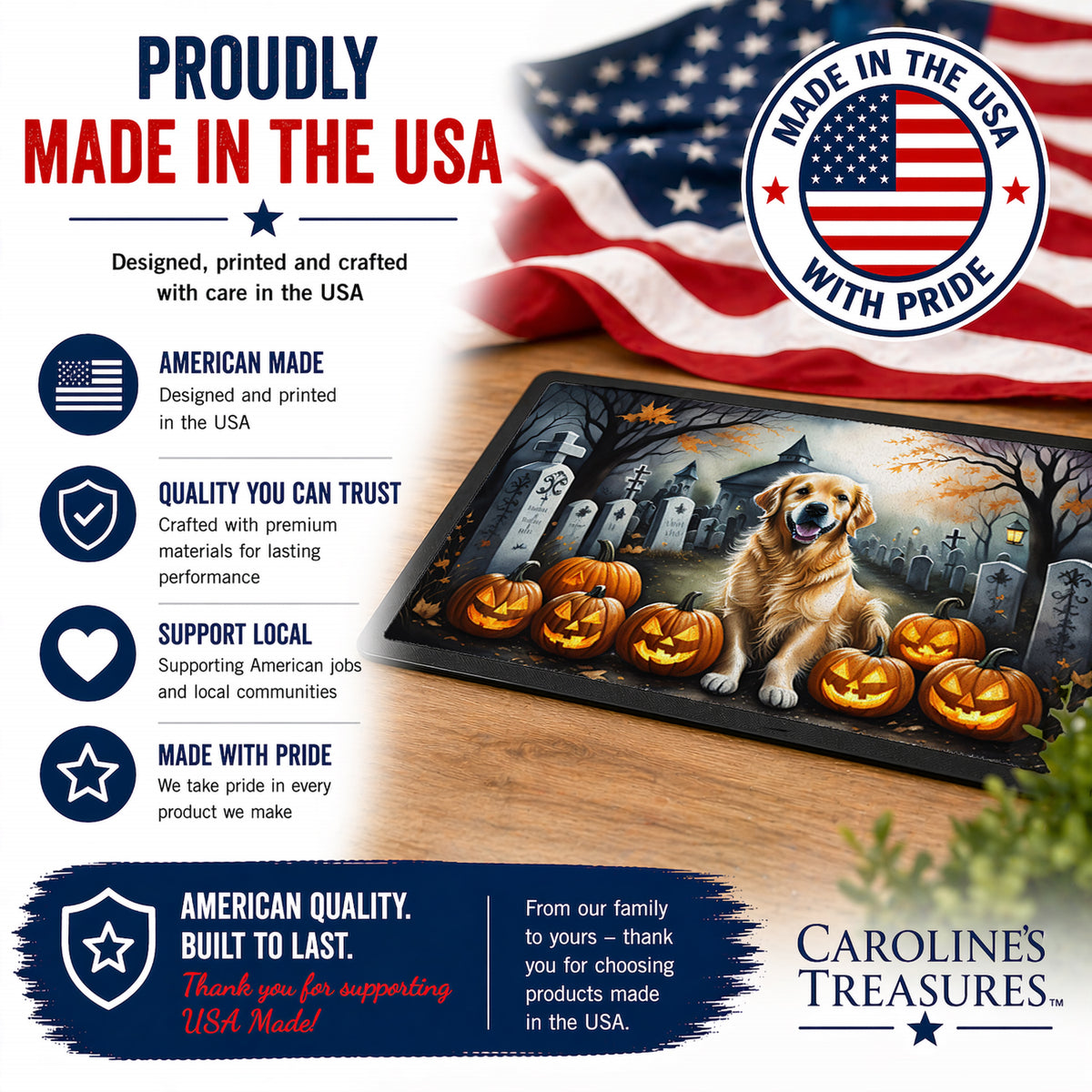 Caroline's Treasures DAC2042JMAT Golden Retriever Spooky Halloween Indoor or Outdoor Mat 24x36 Front Door Mat Indoor Outdoor Rugs for Entryway, Non Slip Washable Low Pile, 24H X 36W