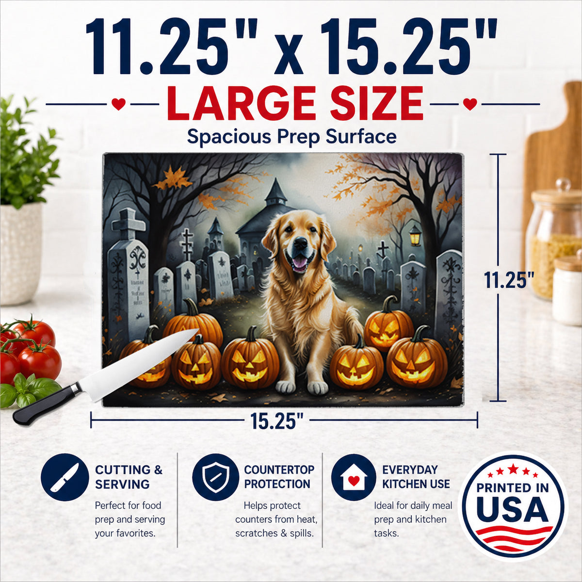 Caroline's Treasures DAC2042LCB Golden Retriever Spooky Halloween Glass Cutting Board Large Decorative Tempered Glass Kitchen Cutting and Serving Board Large Size Chopping Board