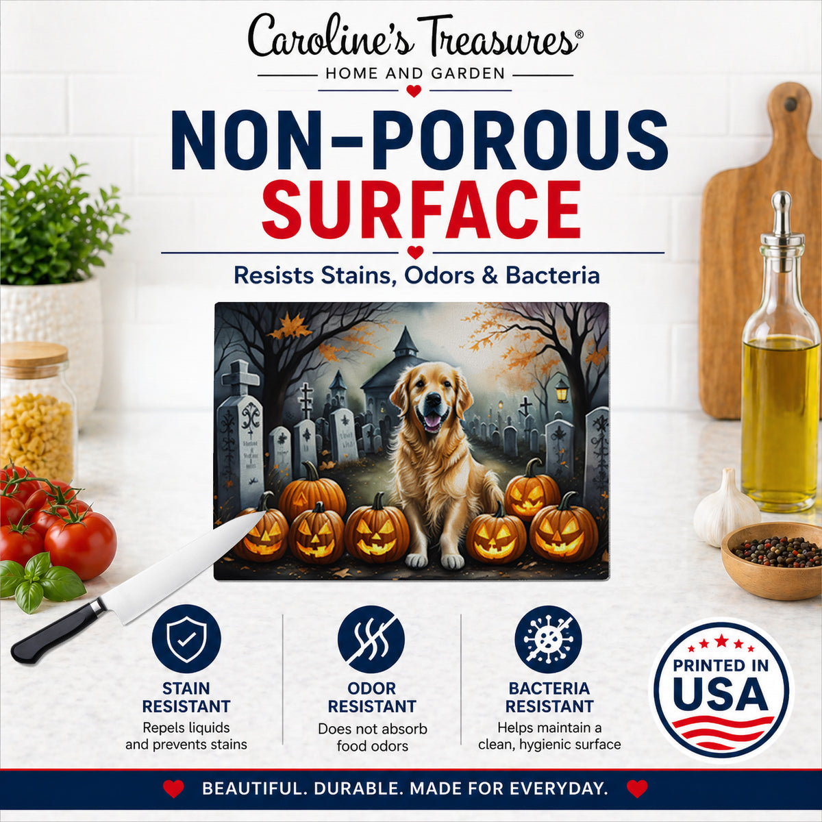 Caroline's Treasures DAC2042LCB Golden Retriever Spooky Halloween Glass Cutting Board Large Decorative Tempered Glass Kitchen Cutting and Serving Board Large Size Chopping Board