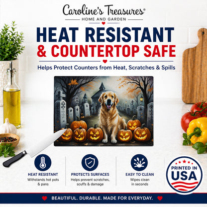 Caroline's Treasures DAC2042LCB Golden Retriever Spooky Halloween Glass Cutting Board Large Decorative Tempered Glass Kitchen Cutting and Serving Board Large Size Chopping Board