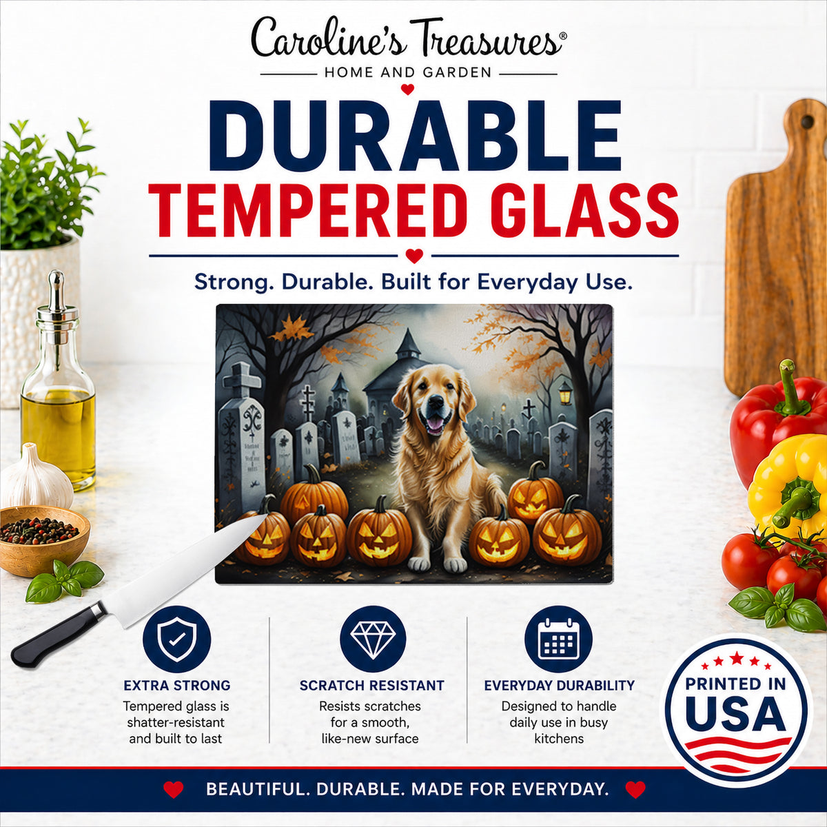 Caroline's Treasures DAC2042LCB Golden Retriever Spooky Halloween Glass Cutting Board Large Decorative Tempered Glass Kitchen Cutting and Serving Board Large Size Chopping Board
