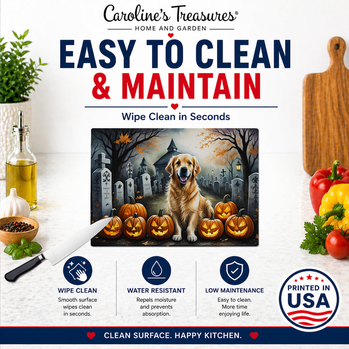 Caroline's Treasures DAC2042LCB Golden Retriever Spooky Halloween Glass Cutting Board Large Decorative Tempered Glass Kitchen Cutting and Serving Board Large Size Chopping Board