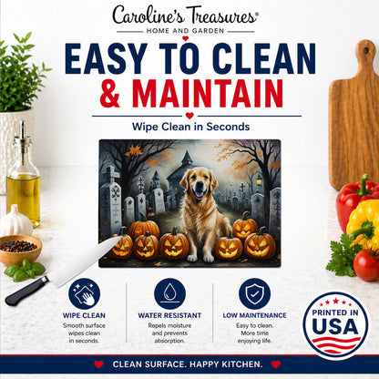 Caroline's Treasures DAC2042LCB Golden Retriever Spooky Halloween Glass Cutting Board Large Decorative Tempered Glass Kitchen Cutting and Serving Board Large Size Chopping Board