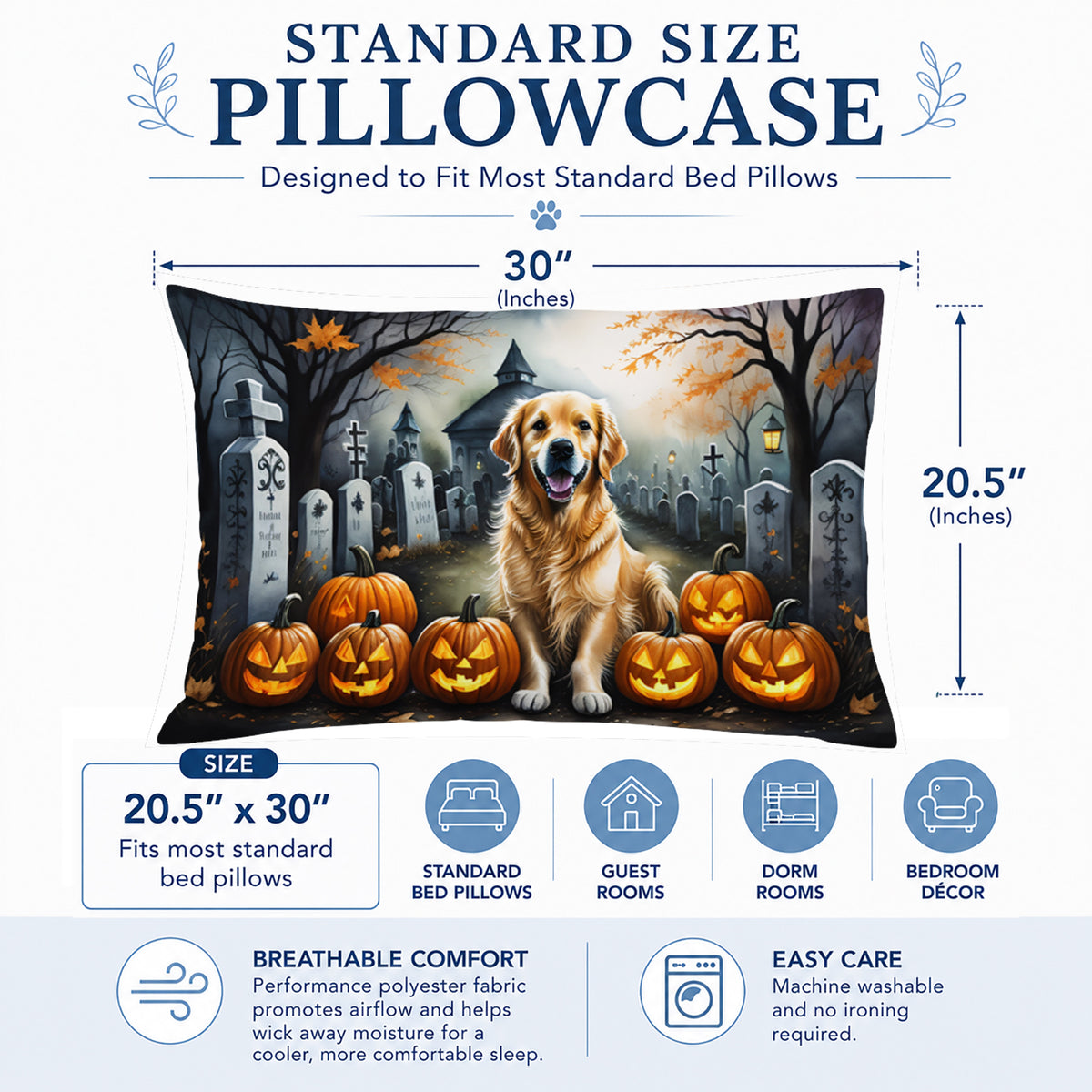 Caroline's Treasures DAC2042PILLOWCASE Golden Retriever Spooky Halloween Fabric Standard Pillowcase Lightweight Super Soft Easy Care Decorative Artwork Pillowcase, Standard