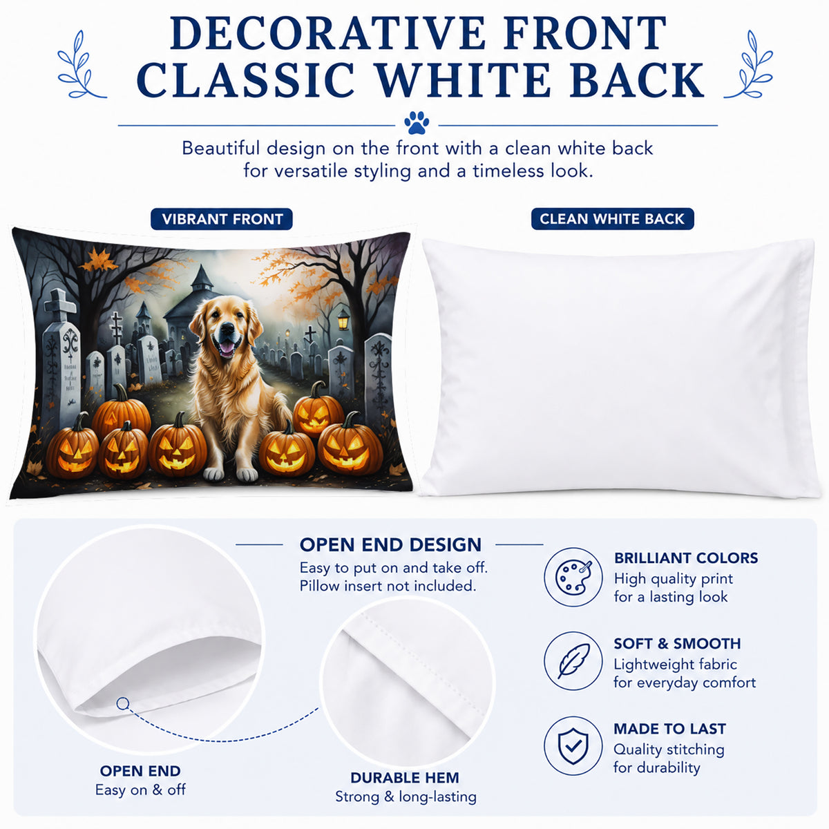 Caroline's Treasures DAC2042PILLOWCASE Golden Retriever Spooky Halloween Fabric Standard Pillowcase Lightweight Super Soft Easy Care Decorative Artwork Pillowcase, Standard