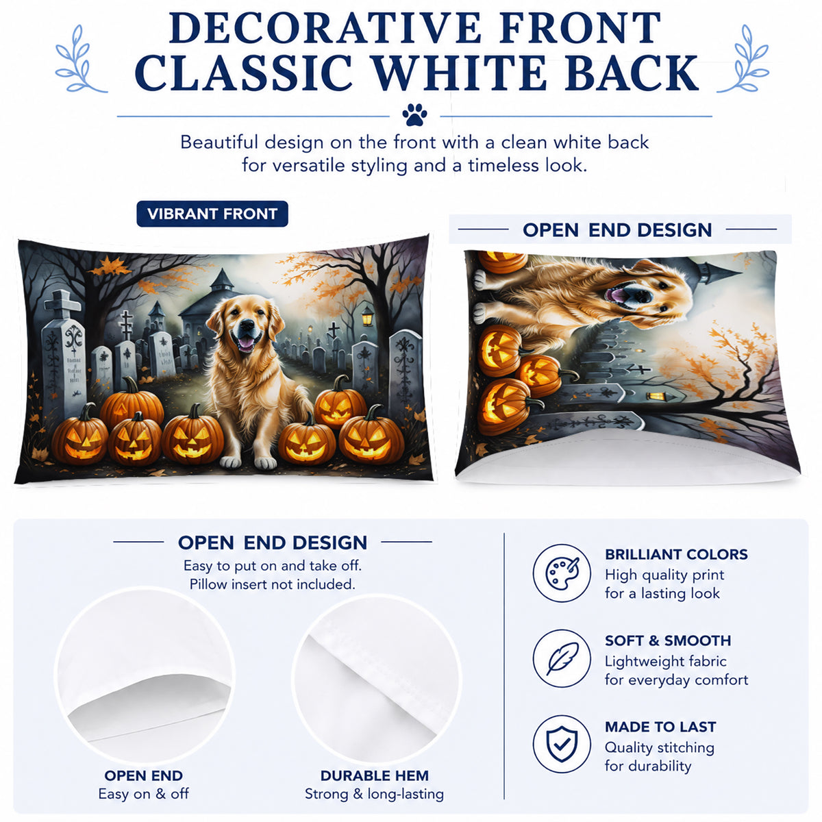 Caroline's Treasures DAC2042PILLOWCASE Golden Retriever Spooky Halloween Fabric Standard Pillowcase Lightweight Super Soft Easy Care Decorative Artwork Pillowcase, Standard