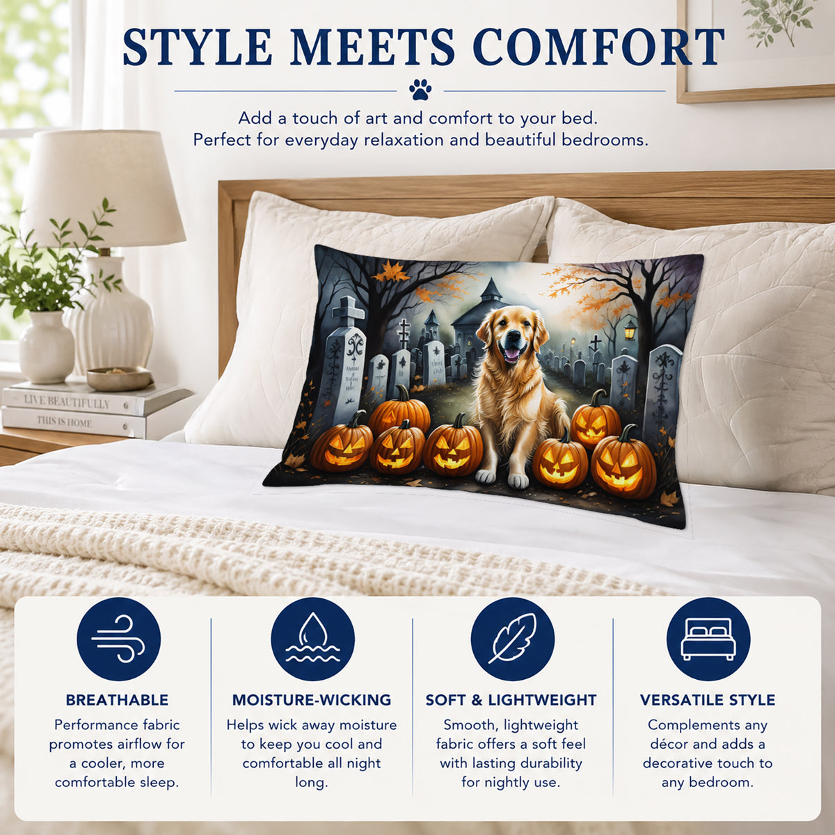 Caroline's Treasures DAC2042PILLOWCASE Golden Retriever Spooky Halloween Fabric Standard Pillowcase Lightweight Super Soft Easy Care Decorative Artwork Pillowcase, Standard