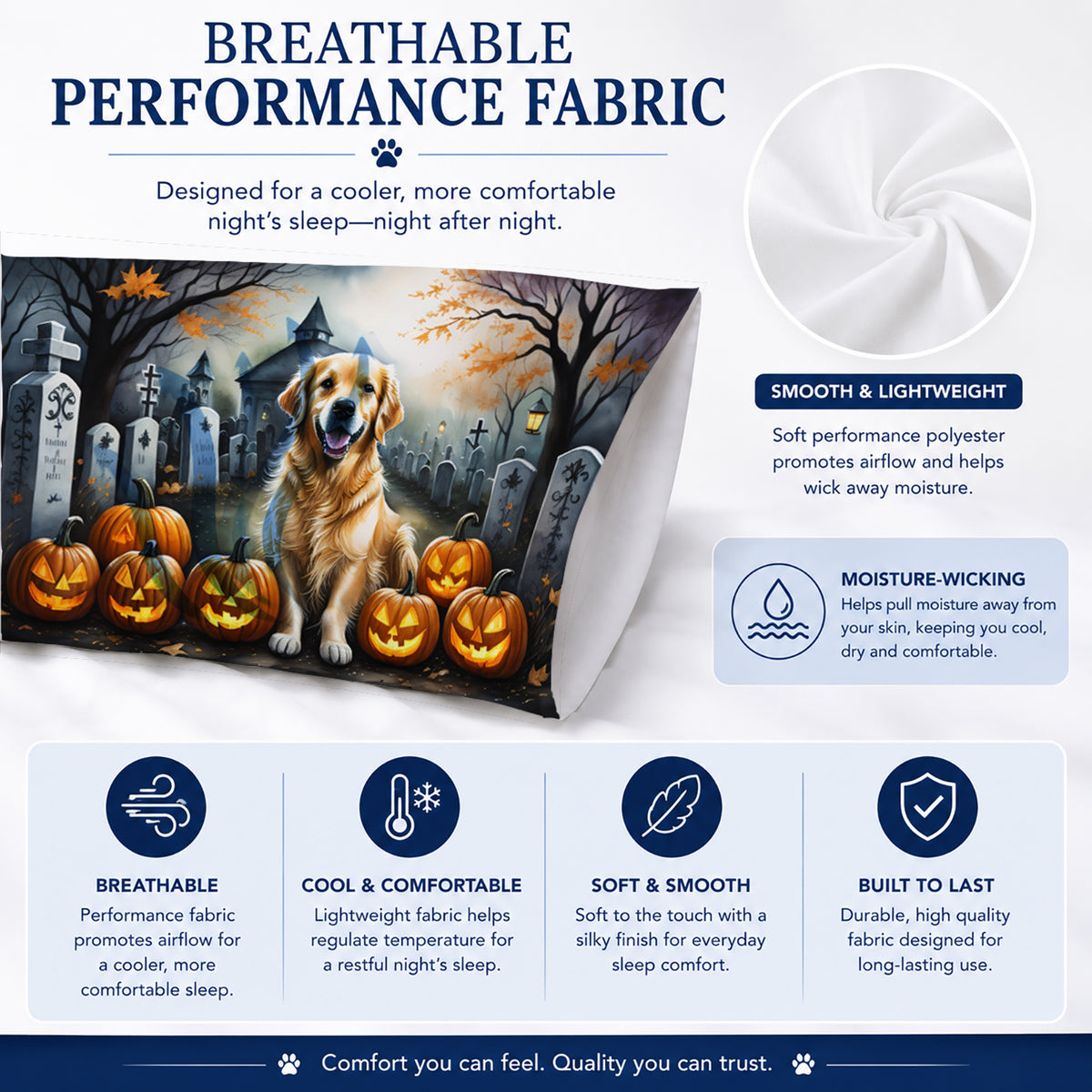 Caroline's Treasures DAC2042PILLOWCASE Golden Retriever Spooky Halloween Fabric Standard Pillowcase Lightweight Super Soft Easy Care Decorative Artwork Pillowcase, Standard