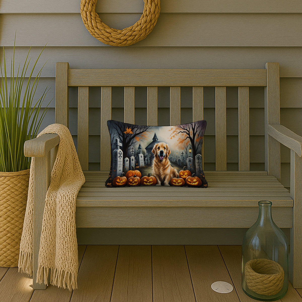 Caroline's Treasures DAC2042PW1216 Golden Retriever Spooky Halloween Fabric Decorative Pillow Machine Washable, Indoor Outdoor Decorative Pillow for Couch, Bed or Patio, 12HX16W