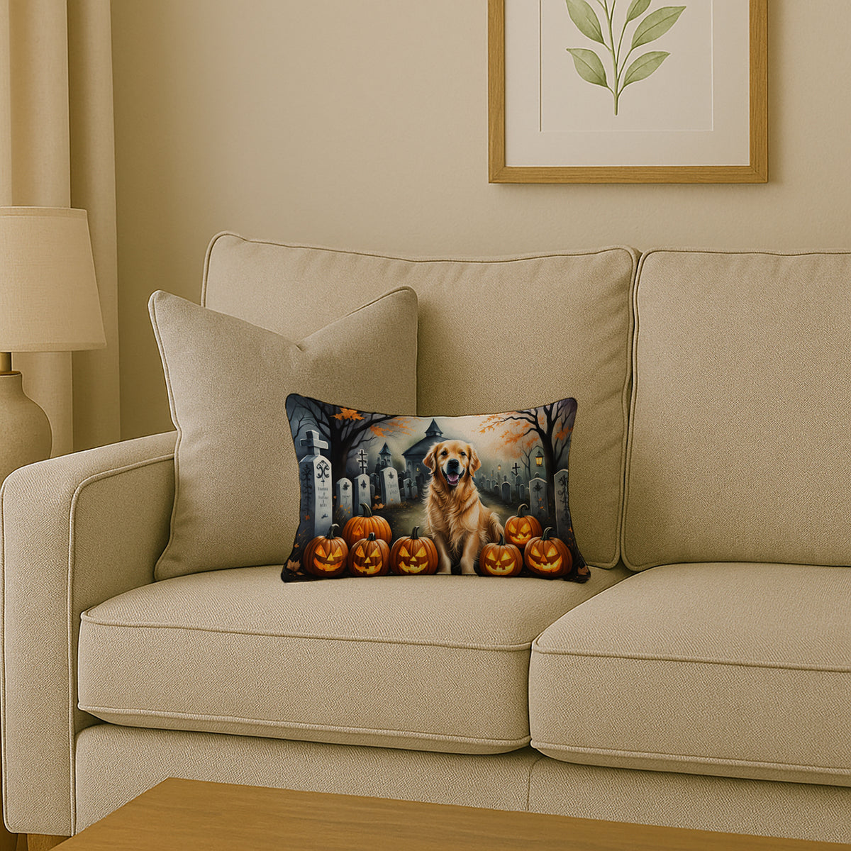 Caroline's Treasures DAC2042PW1216 Golden Retriever Spooky Halloween Fabric Decorative Pillow Machine Washable, Indoor Outdoor Decorative Pillow for Couch, Bed or Patio, 12HX16W