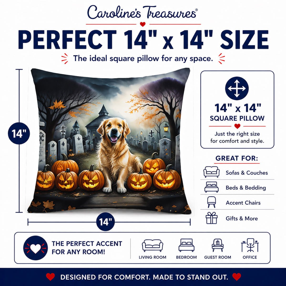 Caroline's Treasures DAC2042PW1414 Golden Retriever Spooky Halloween Fabric Decorative Pillow Machine Washable, Indoor Outdoor Decorative Pillow for Couch, Bed or Patio, 14Hx14W
