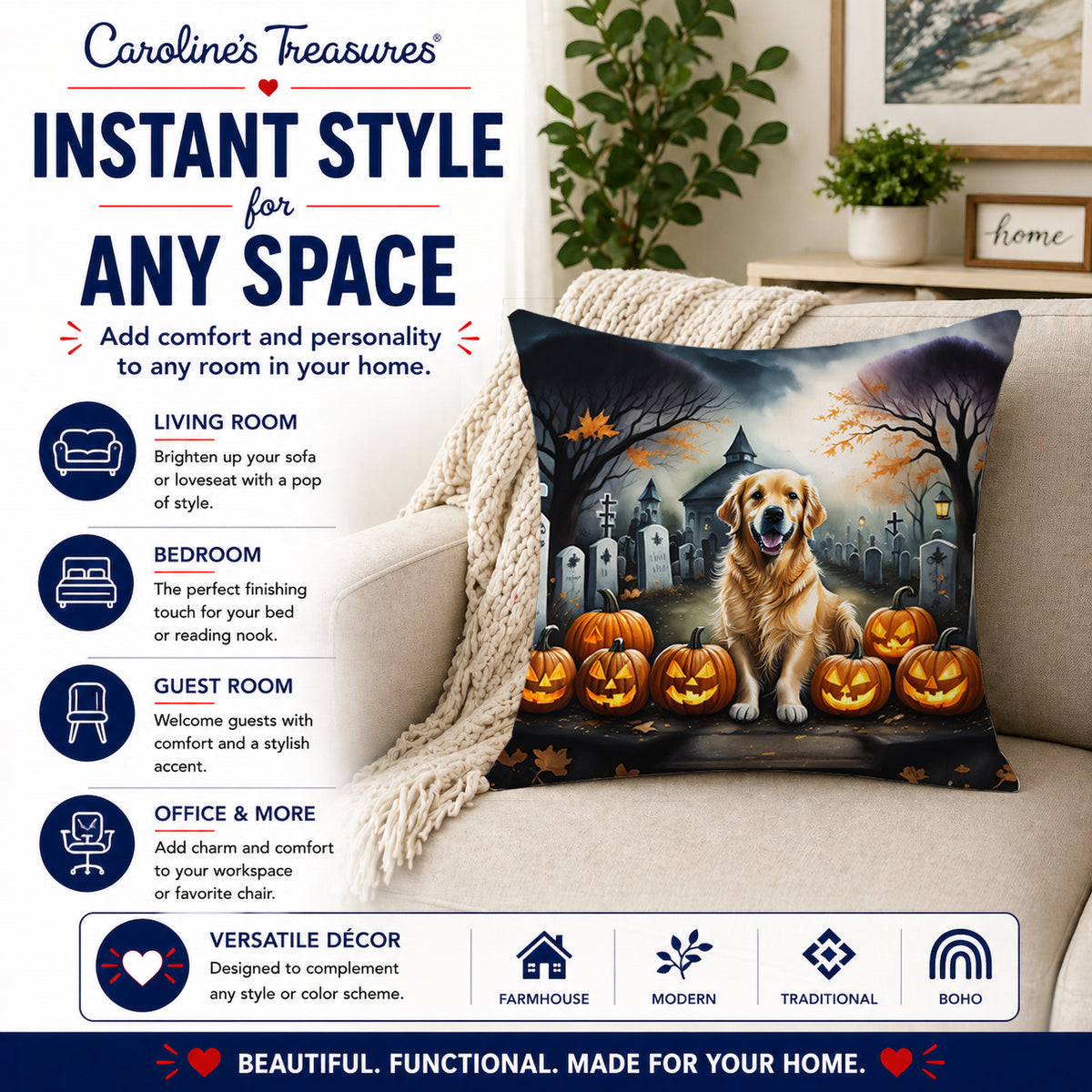Caroline's Treasures DAC2042PW1414 Golden Retriever Spooky Halloween Fabric Decorative Pillow Machine Washable, Indoor Outdoor Decorative Pillow for Couch, Bed or Patio, 14Hx14W