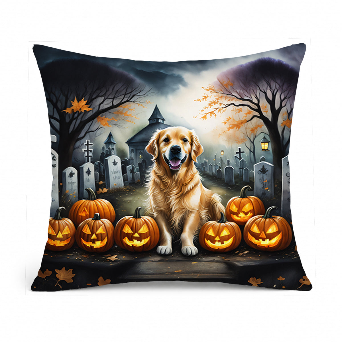 Caroline's Treasures DAC2042PW1818 Golden Retriever Spooky Halloween Fabric Decorative Pillow Machine Washable, Indoor Outdoor Decorative Pillow for Couch, Bed or Patio, 18Hx18W