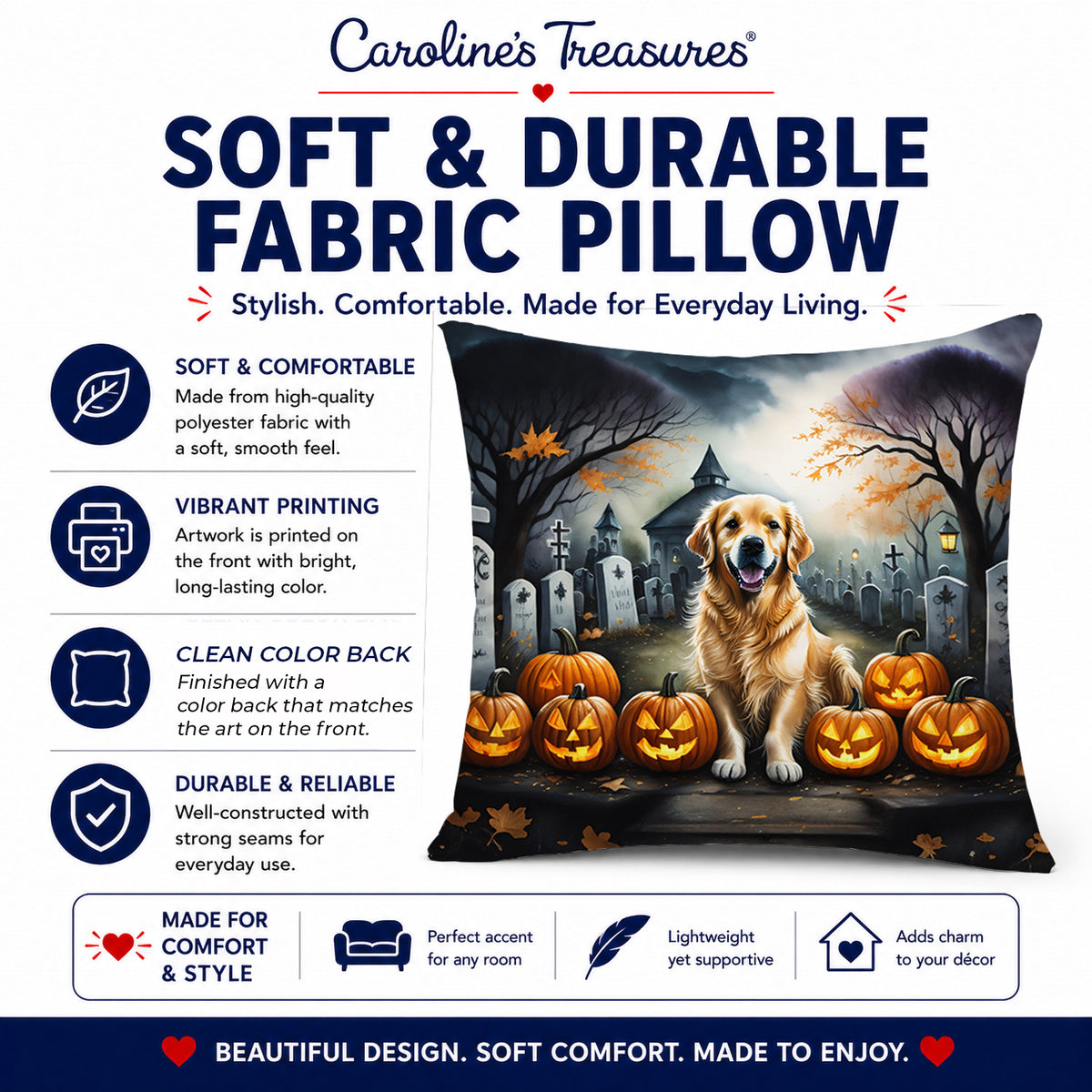 Caroline's Treasures DAC2042PW1818 Golden Retriever Spooky Halloween Fabric Decorative Pillow Machine Washable, Indoor Outdoor Decorative Pillow for Couch, Bed or Patio, 18Hx18W
