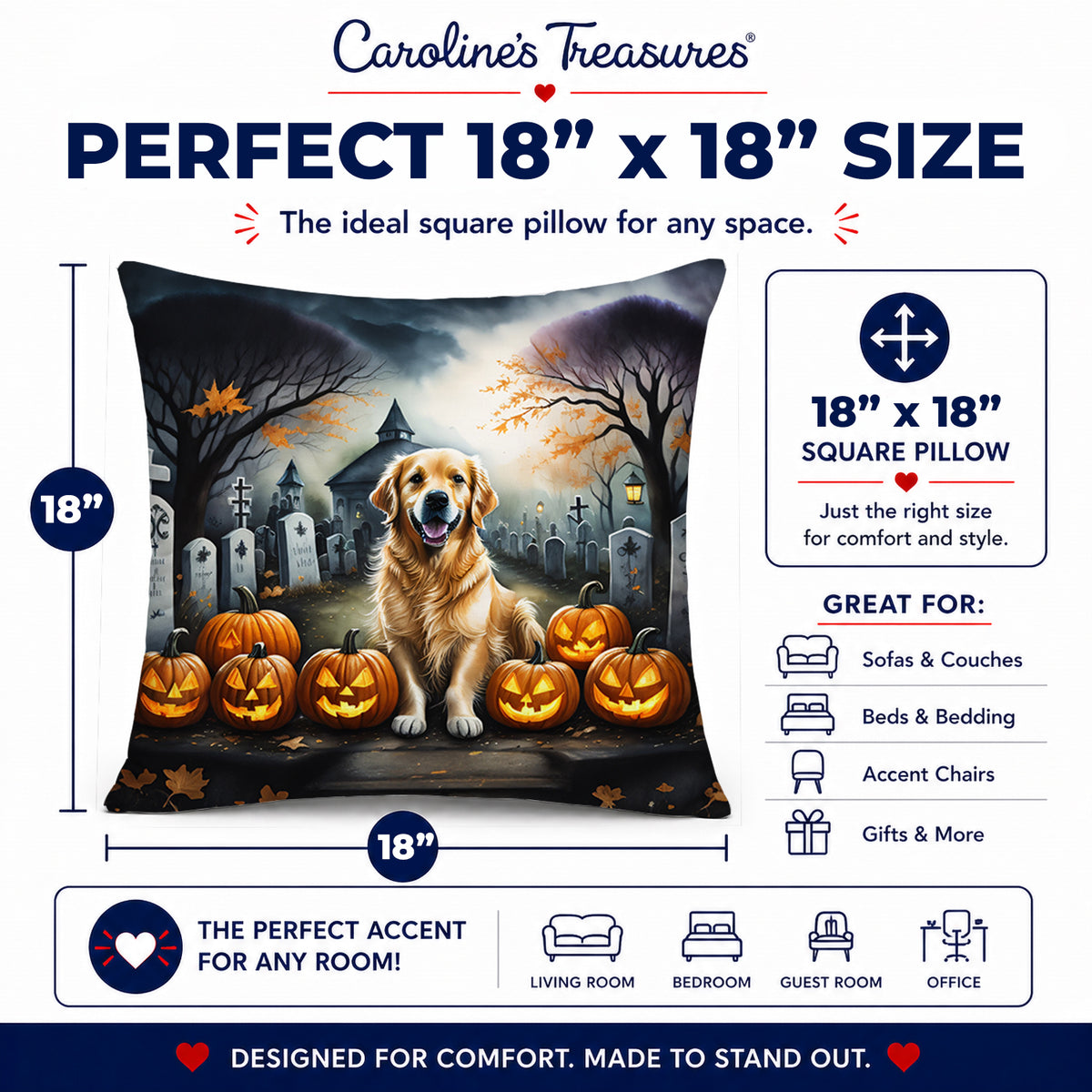 Caroline's Treasures DAC2042PW1818 Golden Retriever Spooky Halloween Fabric Decorative Pillow Machine Washable, Indoor Outdoor Decorative Pillow for Couch, Bed or Patio, 18Hx18W