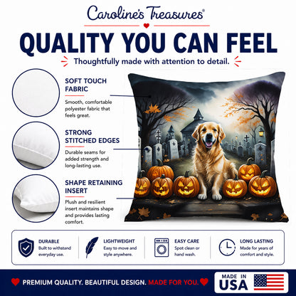 Caroline's Treasures DAC2042PW1818 Golden Retriever Spooky Halloween Fabric Decorative Pillow Machine Washable, Indoor Outdoor Decorative Pillow for Couch, Bed or Patio, 18Hx18W