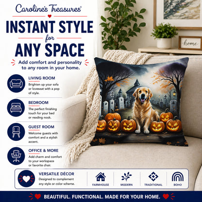 Caroline's Treasures DAC2042PW1818 Golden Retriever Spooky Halloween Fabric Decorative Pillow Machine Washable, Indoor Outdoor Decorative Pillow for Couch, Bed or Patio, 18Hx18W