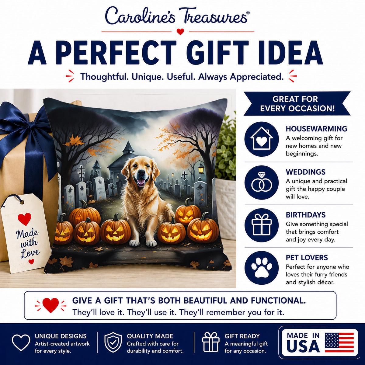 Caroline's Treasures DAC2042PW1818 Golden Retriever Spooky Halloween Fabric Decorative Pillow Machine Washable, Indoor Outdoor Decorative Pillow for Couch, Bed or Patio, 18Hx18W