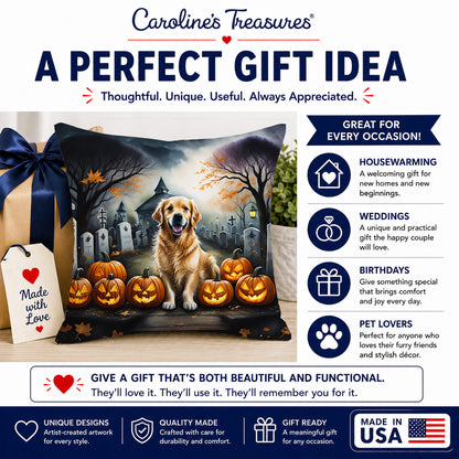 Caroline's Treasures DAC2042PW1818 Golden Retriever Spooky Halloween Fabric Decorative Pillow Machine Washable, Indoor Outdoor Decorative Pillow for Couch, Bed or Patio, 18Hx18W