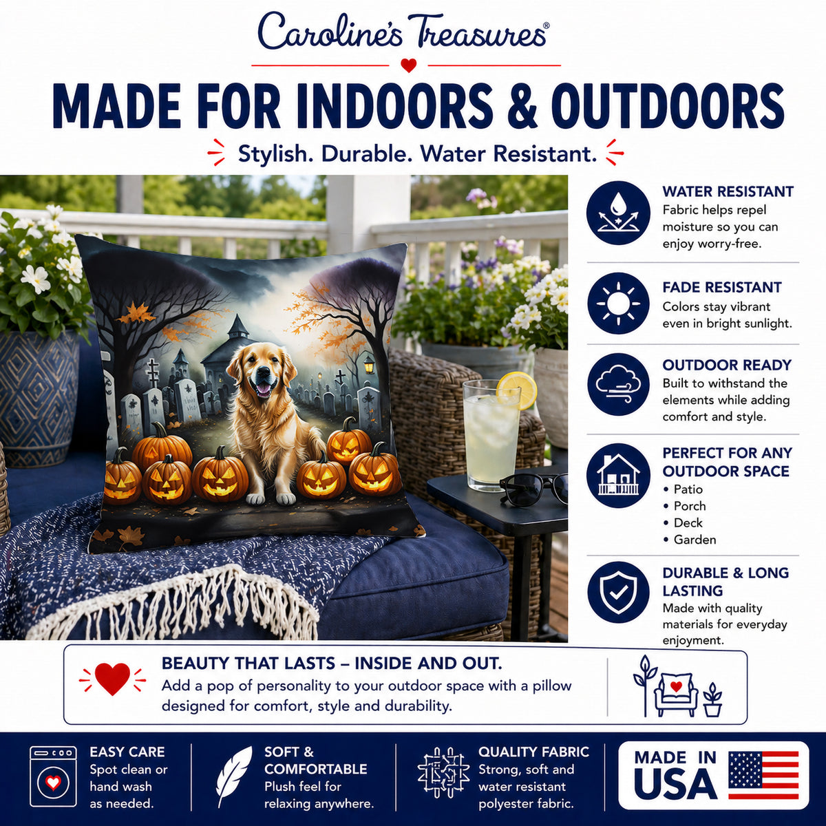 Caroline's Treasures DAC2042PW1818 Golden Retriever Spooky Halloween Fabric Decorative Pillow Machine Washable, Indoor Outdoor Decorative Pillow for Couch, Bed or Patio, 18Hx18W