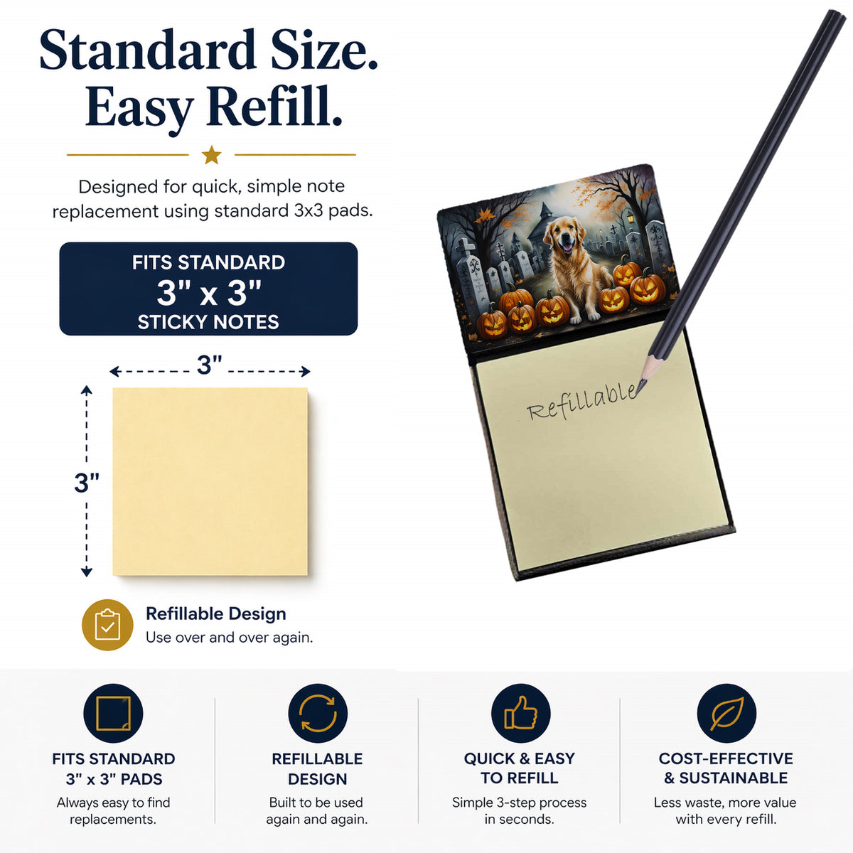 Caroline's Treasures Golden Retriever Spooky Halloween Sticky Note Holder Refillable Dispenser Self-Sticky Note Pads, Memo Pads Blank Desk Accessories