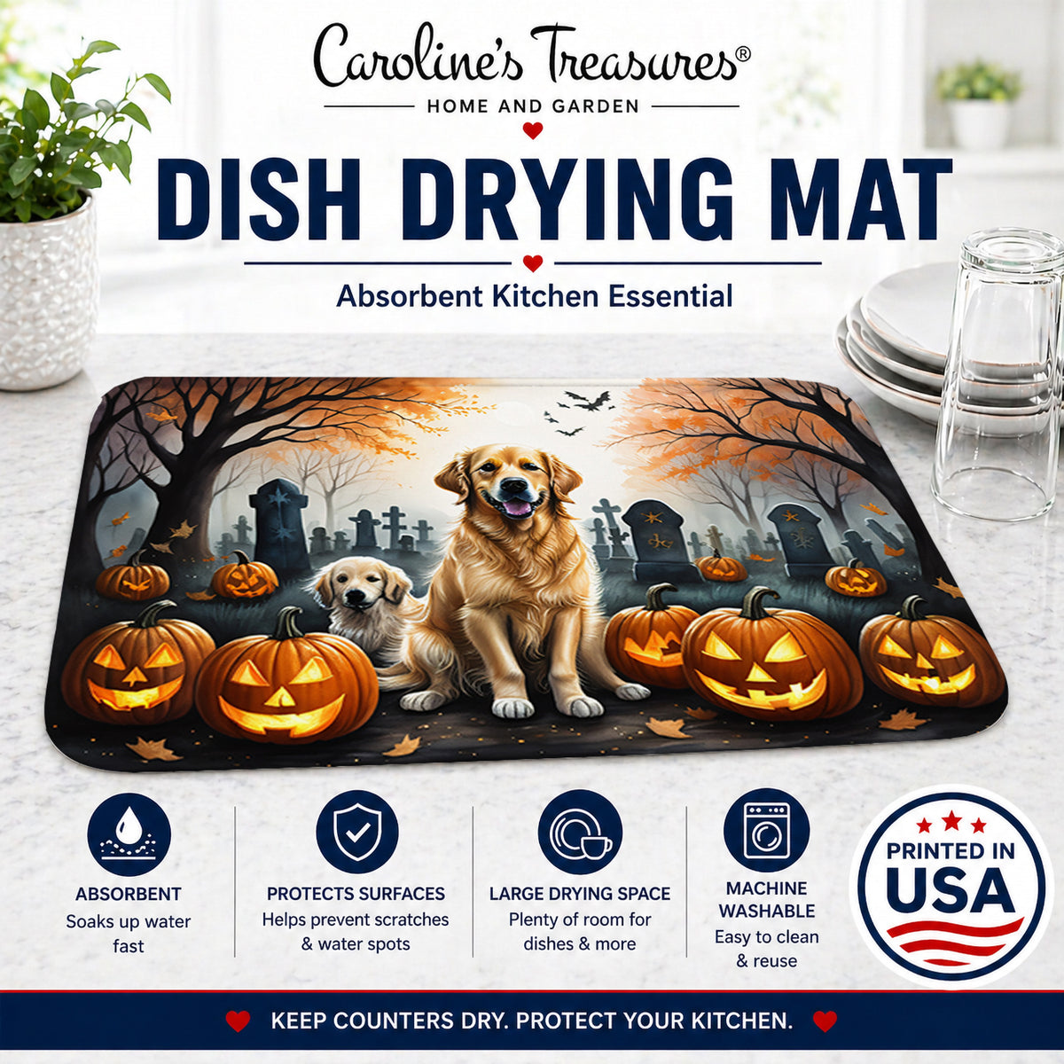 Caroline's Treasures DAC2043DDM Golden Retriever Spooky Halloween Dish Drying Mat Absorbent Dish Drying Mat Pad for Kitchen Counter Dish Drainer Mat for Countertop, 14 x 21, Multicolor