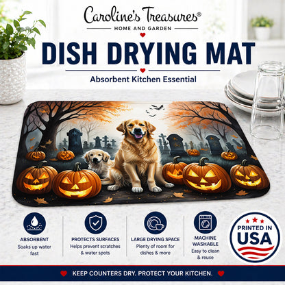 Caroline's Treasures DAC2043DDM Golden Retriever Spooky Halloween Dish Drying Mat Absorbent Dish Drying Mat Pad for Kitchen Counter Dish Drainer Mat for Countertop, 14 x 21, Multicolor