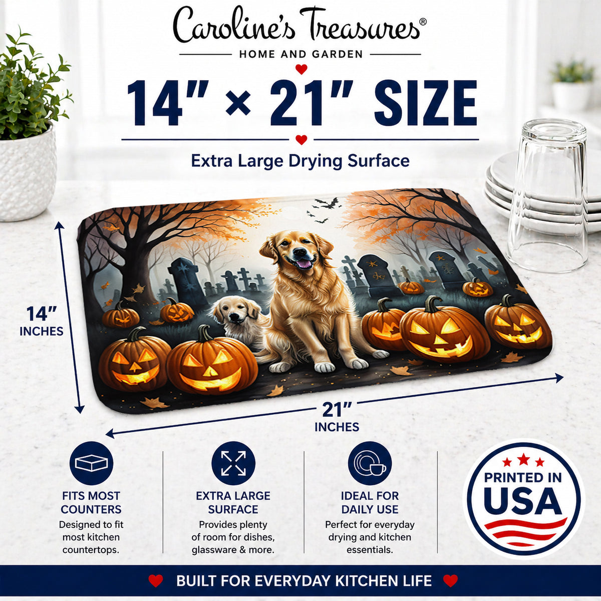 Caroline's Treasures DAC2043DDM Golden Retriever Spooky Halloween Dish Drying Mat Absorbent Dish Drying Mat Pad for Kitchen Counter Dish Drainer Mat for Countertop, 14 x 21, Multicolor
