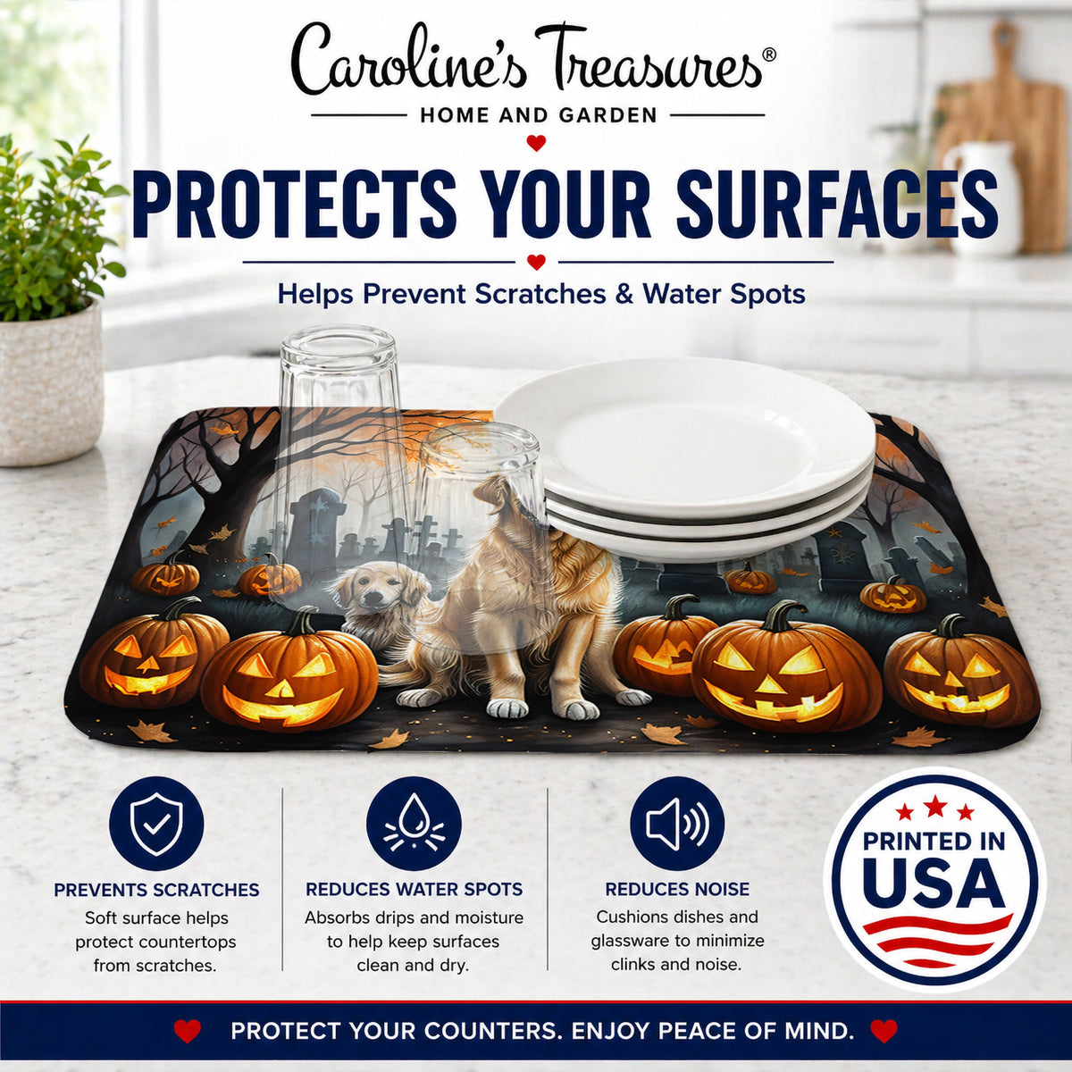 Caroline's Treasures DAC2043DDM Golden Retriever Spooky Halloween Dish Drying Mat Absorbent Dish Drying Mat Pad for Kitchen Counter Dish Drainer Mat for Countertop, 14 x 21, Multicolor