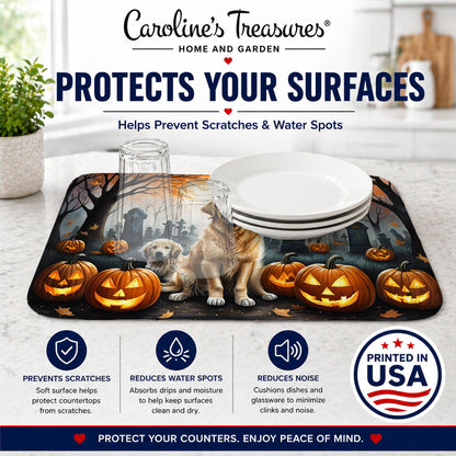 Caroline's Treasures DAC2043DDM Golden Retriever Spooky Halloween Dish Drying Mat Absorbent Dish Drying Mat Pad for Kitchen Counter Dish Drainer Mat for Countertop, 14 x 21, Multicolor