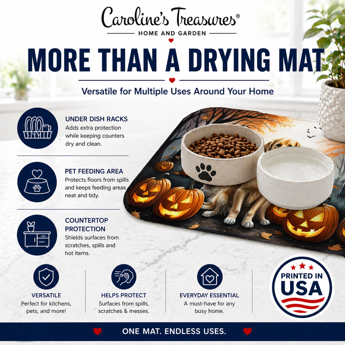 Caroline's Treasures DAC2043DDM Golden Retriever Spooky Halloween Dish Drying Mat Absorbent Dish Drying Mat Pad for Kitchen Counter Dish Drainer Mat for Countertop, 14 x 21, Multicolor