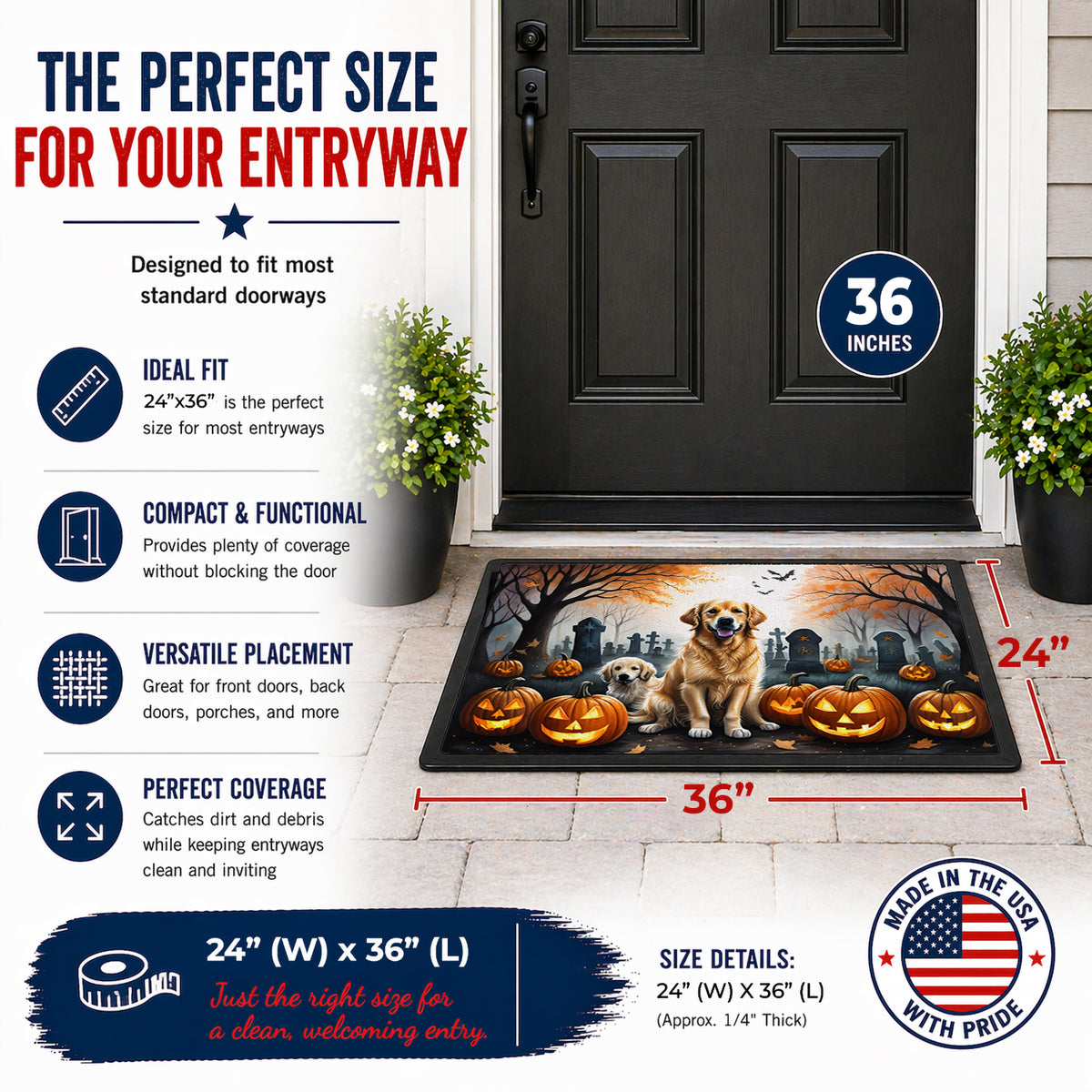 Caroline's Treasures DAC2043JMAT Golden Retriever Spooky Halloween Indoor or Outdoor Mat 24x36 Front Door Mat Indoor Outdoor Rugs for Entryway, Non Slip Washable Low Pile, 24H X 36W