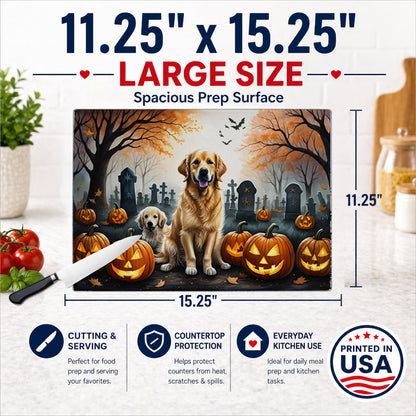 Caroline's Treasures DAC2043LCB Golden Retriever Spooky Halloween Glass Cutting Board Large Decorative Tempered Glass Kitchen Cutting and Serving Board Large Size Chopping Board
