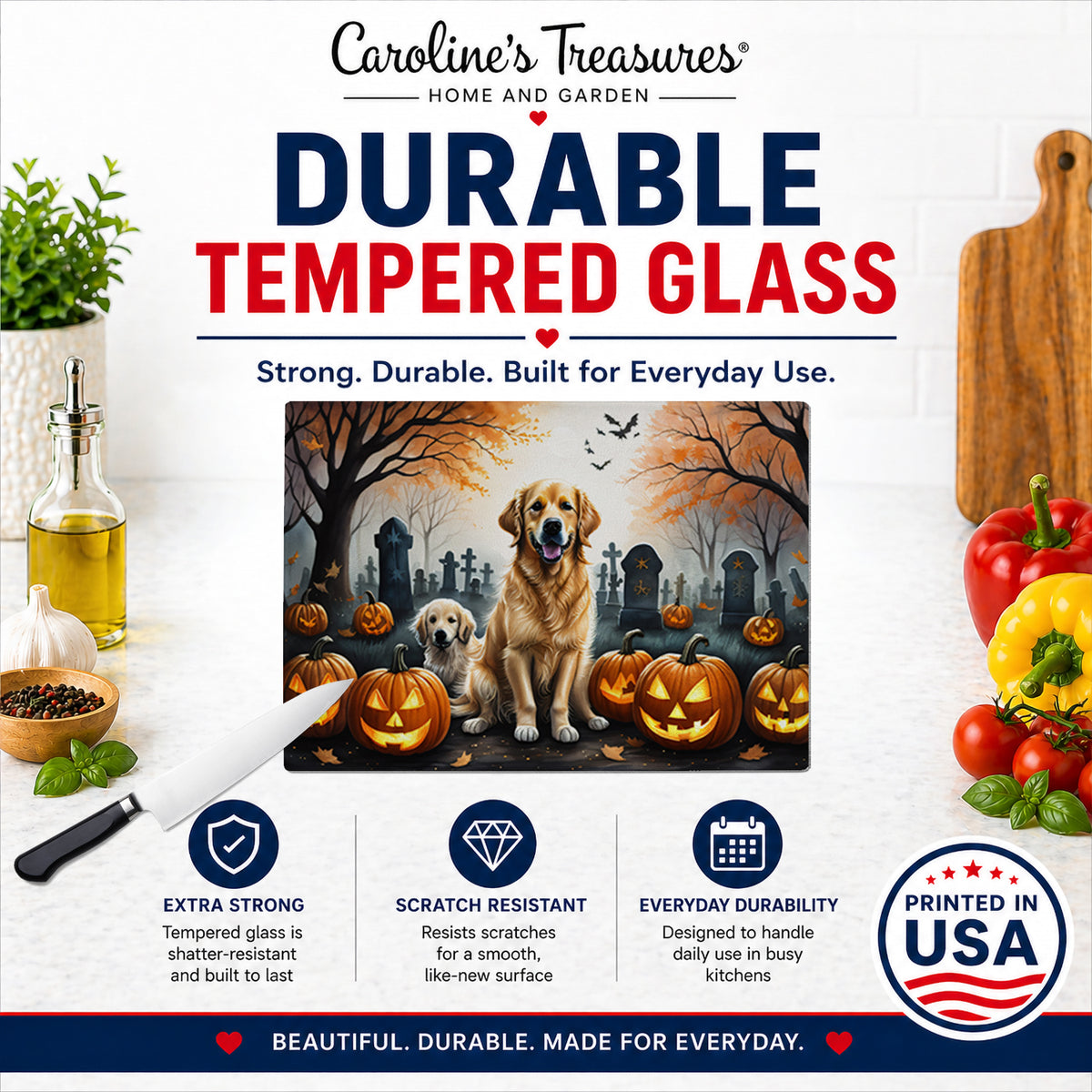 Caroline's Treasures DAC2043LCB Golden Retriever Spooky Halloween Glass Cutting Board Large Decorative Tempered Glass Kitchen Cutting and Serving Board Large Size Chopping Board