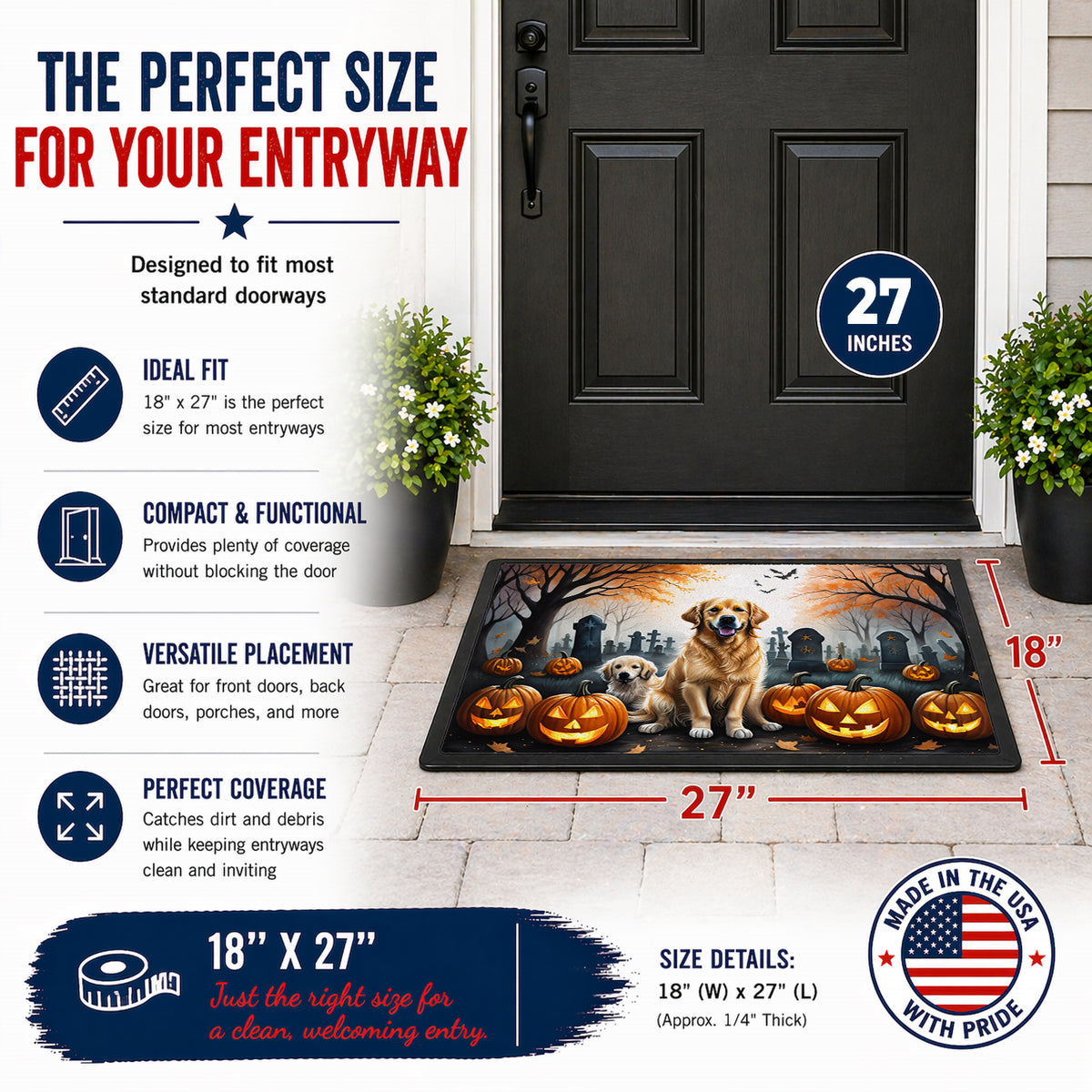 Caroline's Treasures DAC2043MAT Golden Retriever Spooky Halloween Doormat 18x27 Front Door Mat Indoor Outdoor Rugs for Entryway, Non Slip Washable Low Pile, 18H X 27W