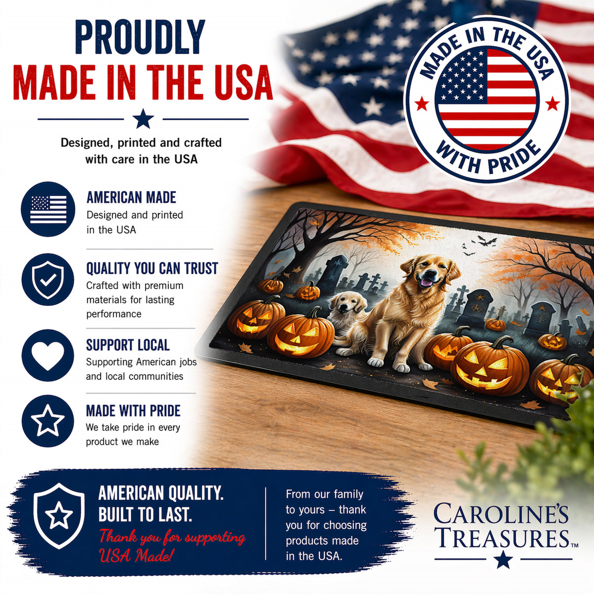 Caroline's Treasures DAC2043MAT Golden Retriever Spooky Halloween Doormat 18x27 Front Door Mat Indoor Outdoor Rugs for Entryway, Non Slip Washable Low Pile, 18H X 27W